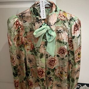 Alice + Olivia Green Floral Blouse with Bow